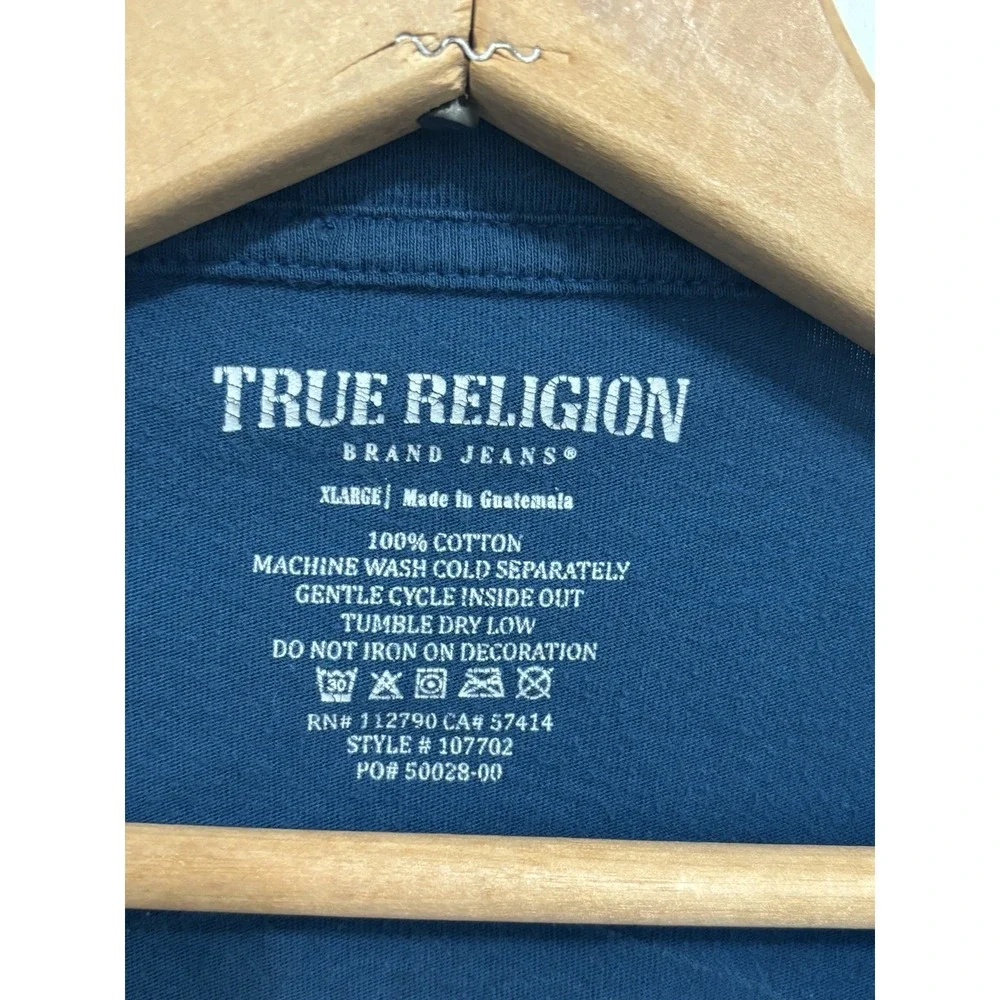 True Religion Buddha Guitar Graphic T Shirt Blue Teal Logo Tee Men's XL 0738